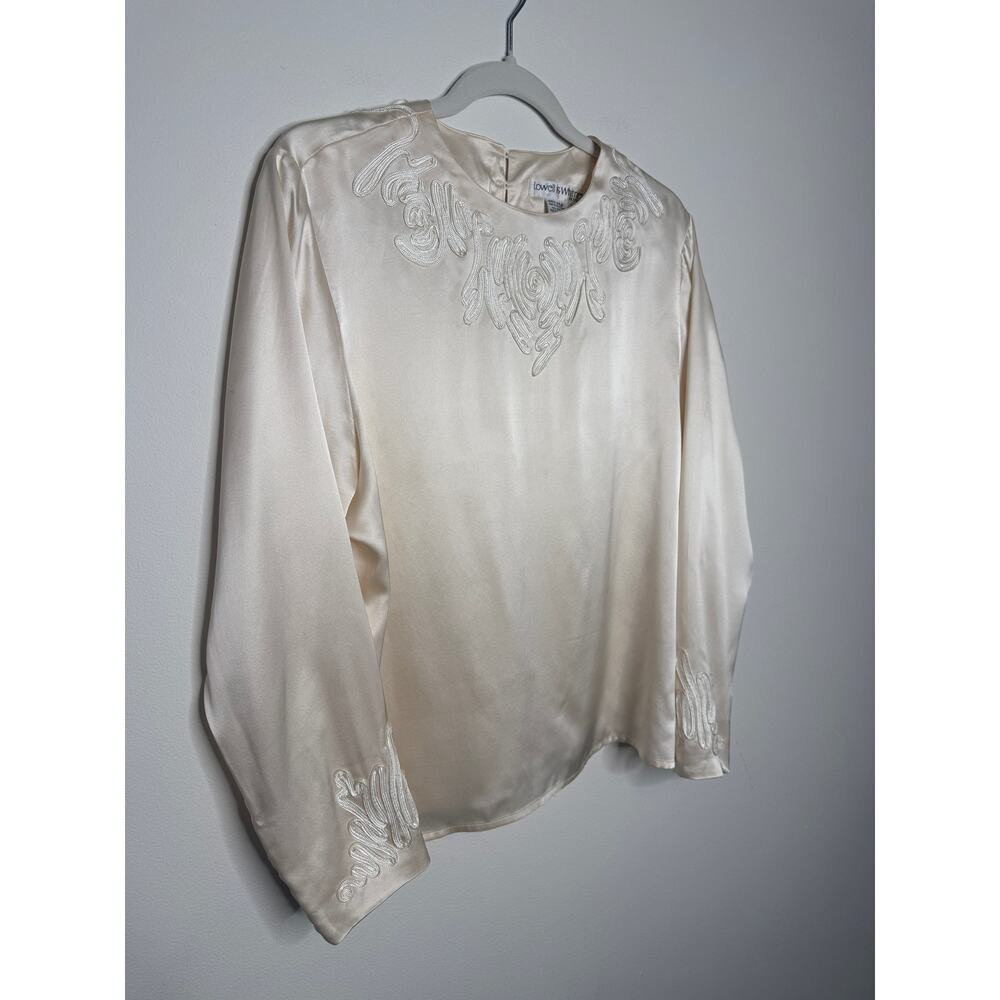 Vintage Silk Blouse Cream Embroidered Minimalist Old Money Office Western - Picture 3 of 8